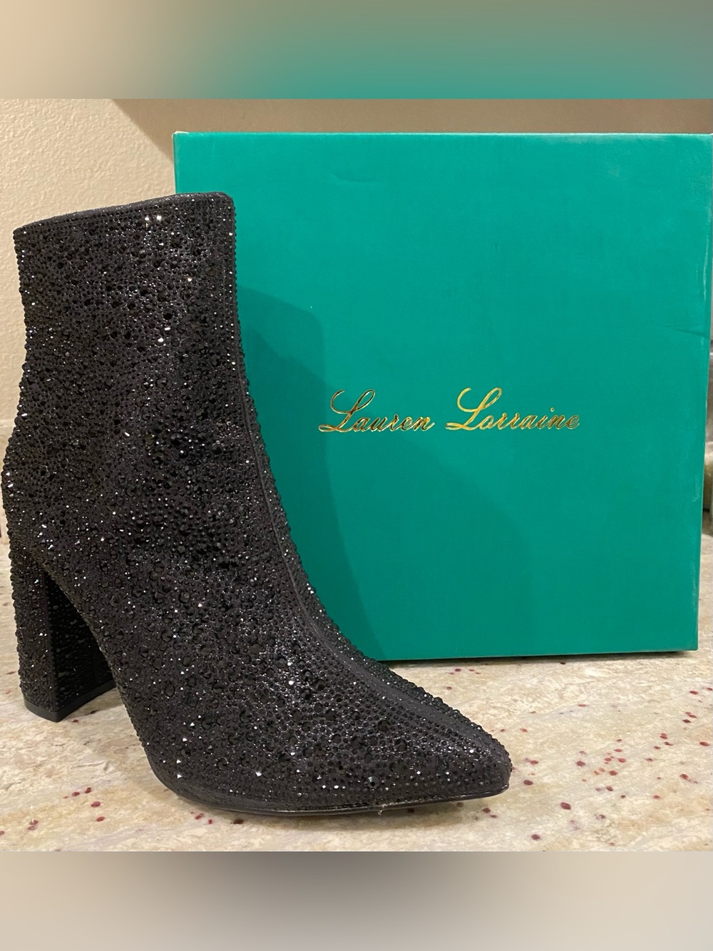 Lauren Lorraine Black Crystal-Embellished Pointed Ankle Boots. 4 inch heel NWT